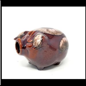 1957 Corky Pig USA 5" Hull Pottery Brown/Tan Drip Ceramic Pig Piggy Bank